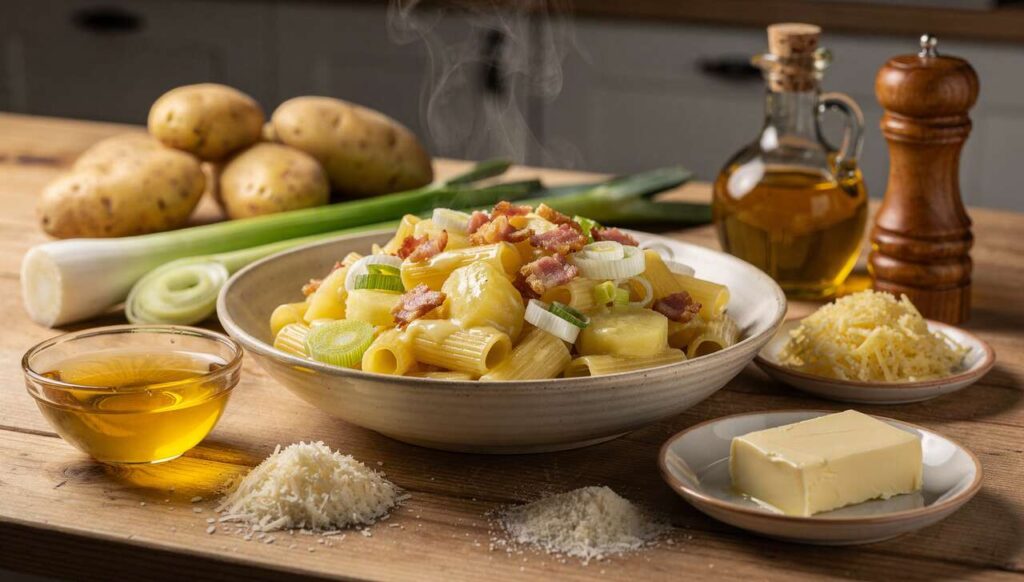 Pasta crema di patate e porro: la ricetta con guanciale croccante che sorprende sempre